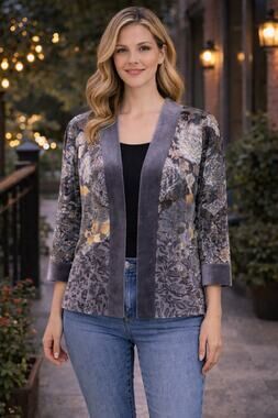 Vintage Burnout Velvet Open Front Cardigan Floral Metallic 3/4 Sleeve Size 16